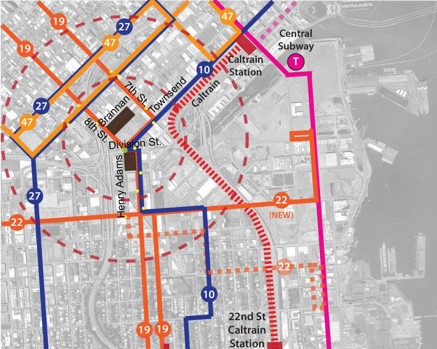 Transit aerial context for 855 Brannan in San Francisco.