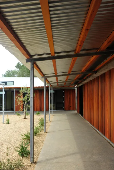 Exterior view of the covered walkways at Healdsburg Rural House in Healdsburg, California.