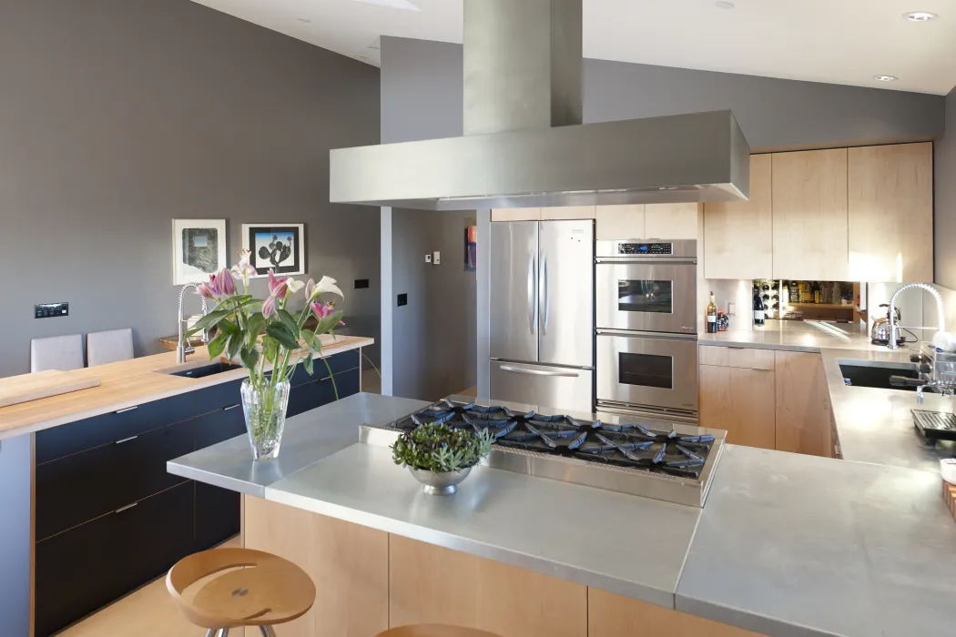 Kitchen and island at Healdsburg Rural House in Healdsburg, California.