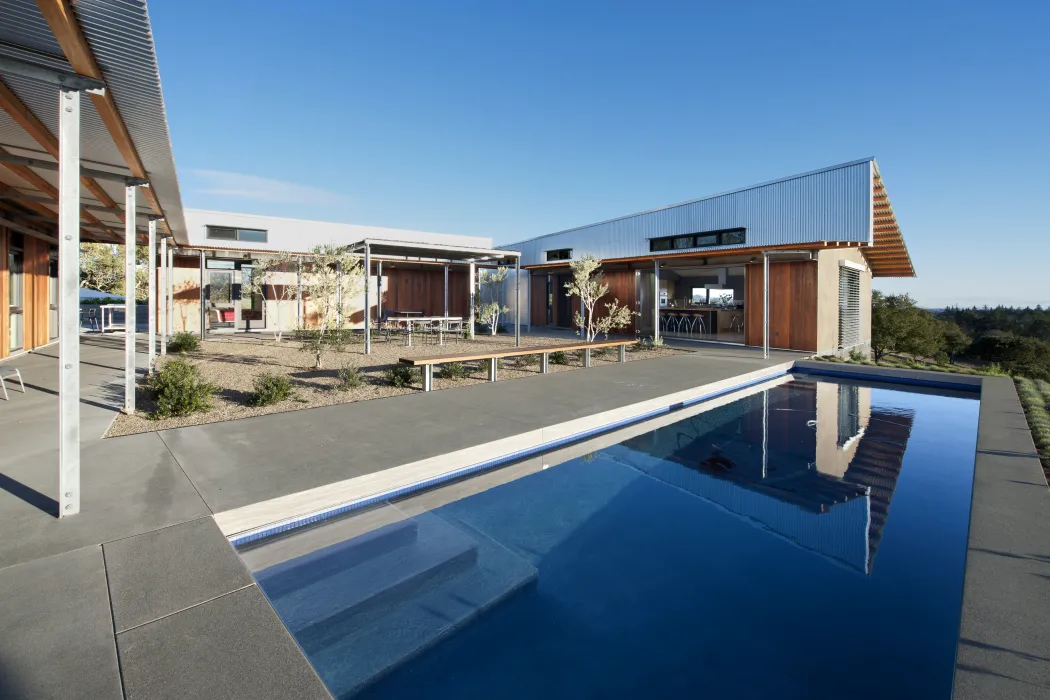 Backayard at Healdsburg Rural House with pool deck, and courtyard in Healdsburg, California.