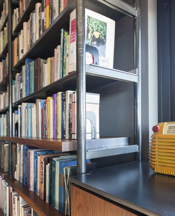 Detail of the bookshelf inside Healdsburg Rural House in Healdsburg, California.