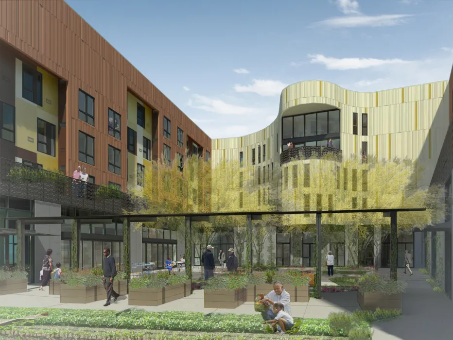 Rendered courtyard of Dr. George Davis Senior Building in San Francisco.