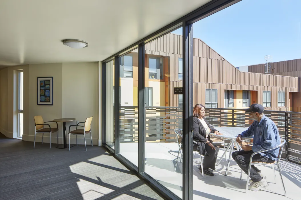 Looking outside onto the terrace in the Dr. George Davis Senior Building in San Francisco.