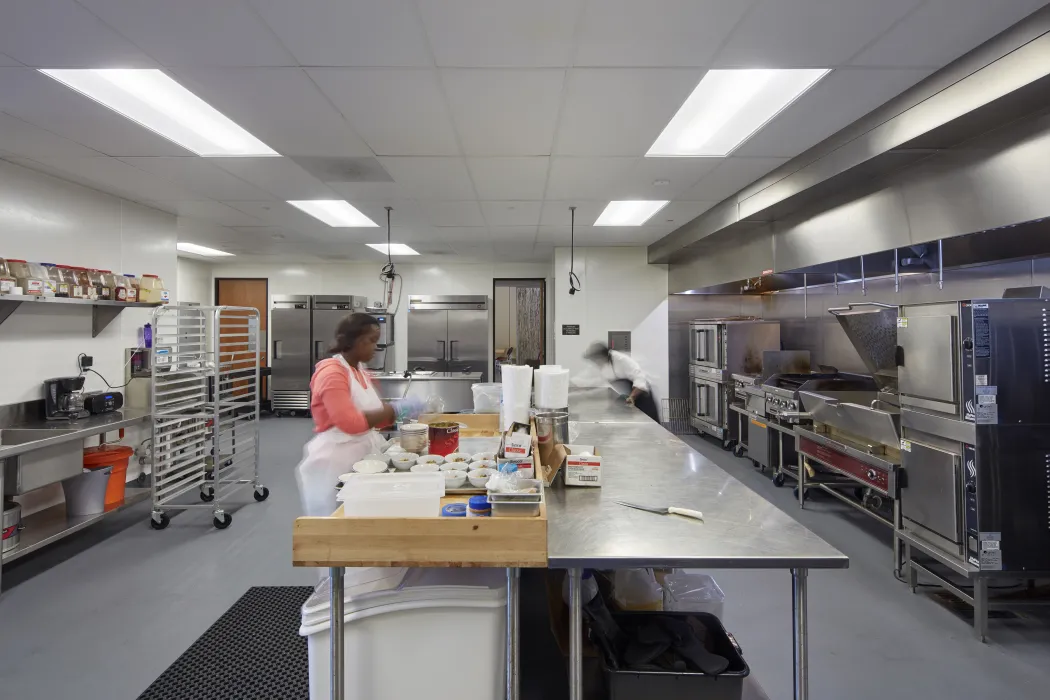 Senior center kitchen inside Dr. George W. Davis Senior in San Francisco.