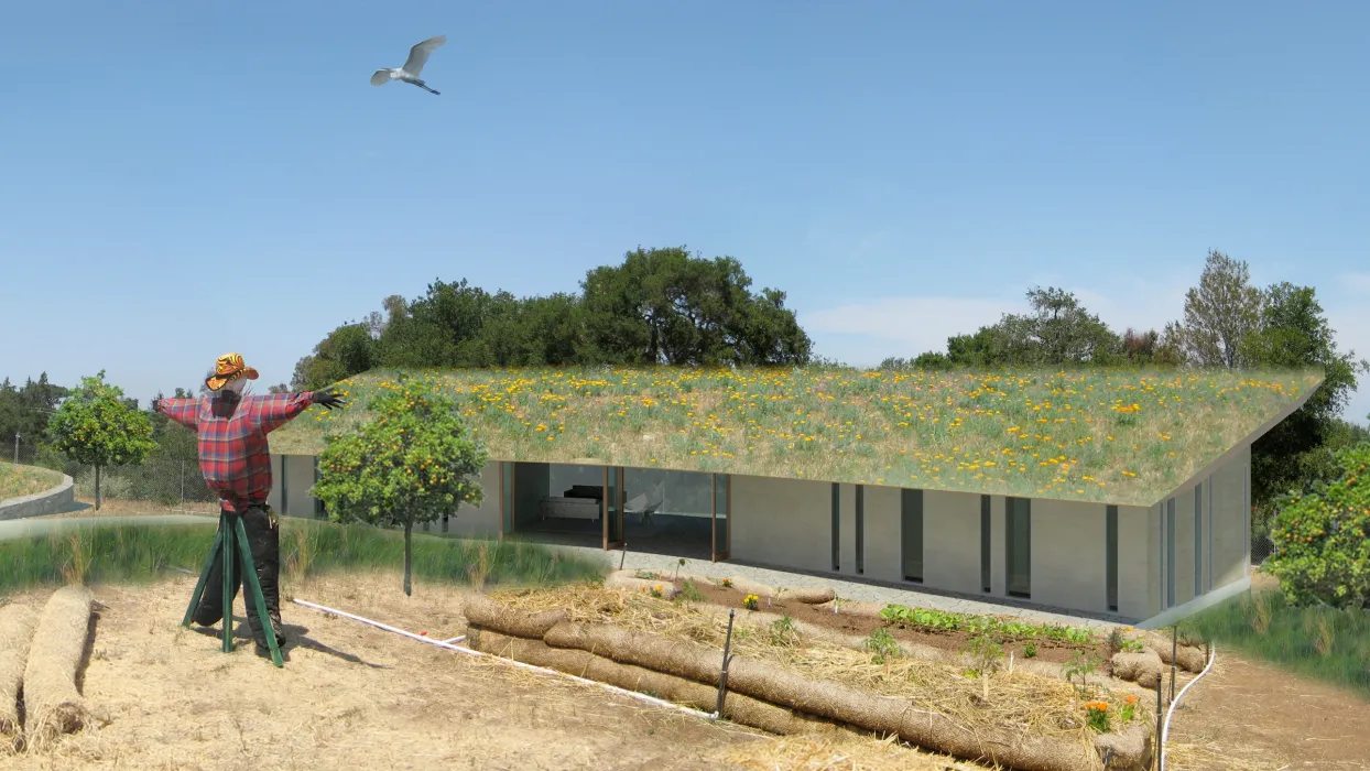 Exterior rendering of the Qc2 guesthouse with a green roof.