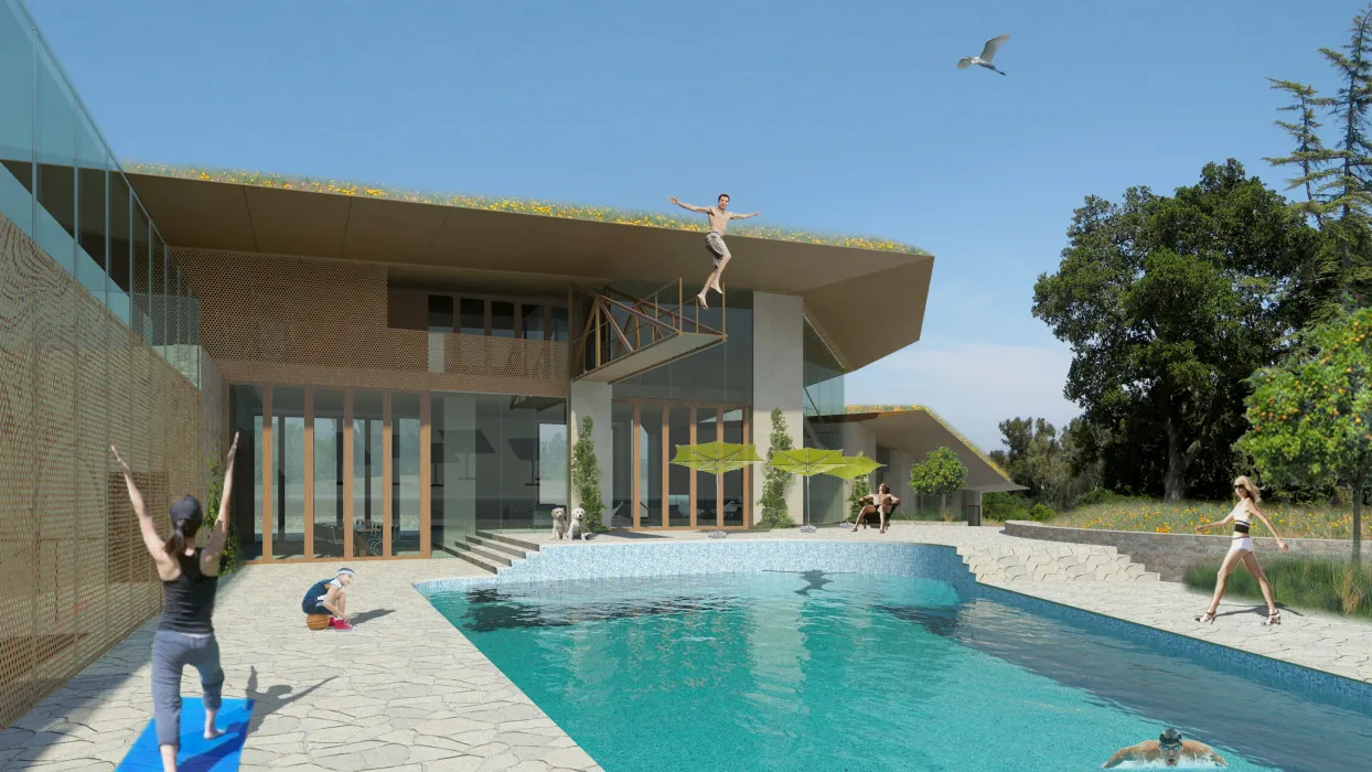 Exterior rendering of the Qc2 outdoor pool.