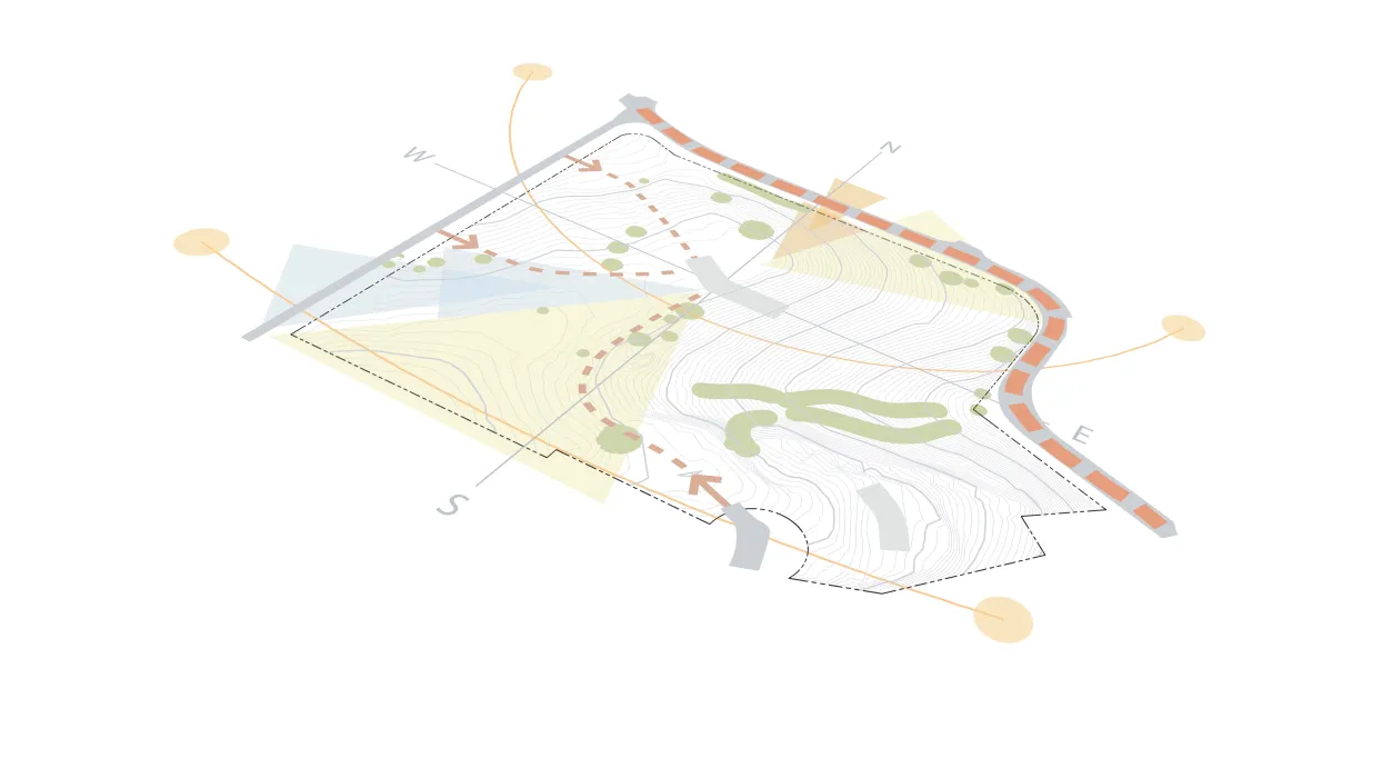 Aerial site diagram for Qc2 showing the views, wind, vegetation, noise, solar and movement.