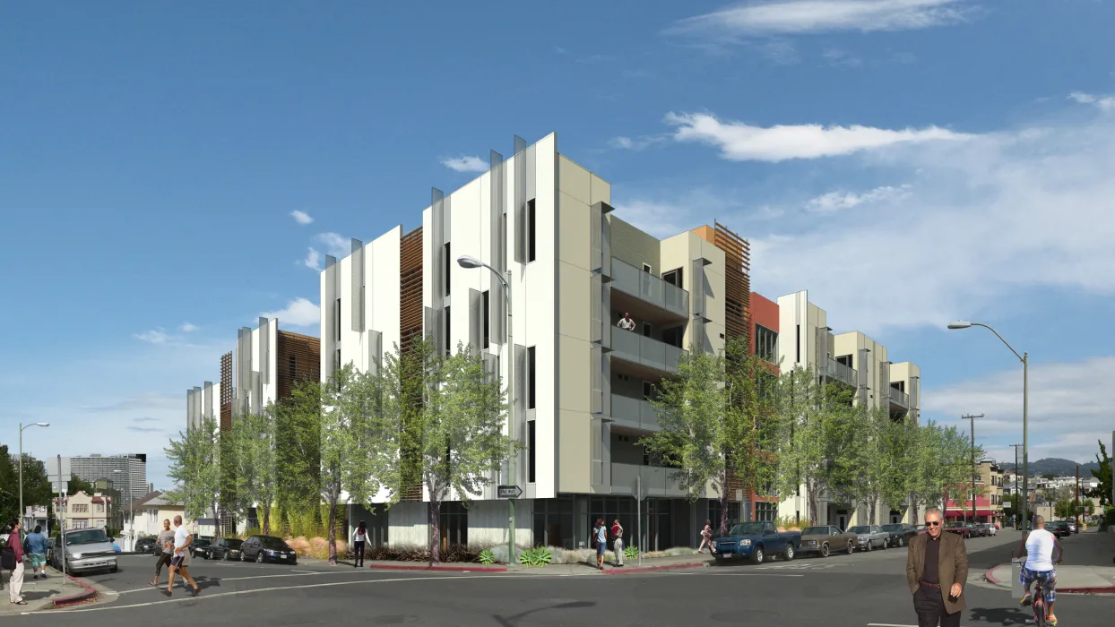 Rendered street view of Lakeside Senior Housing in Oakland, Ca.