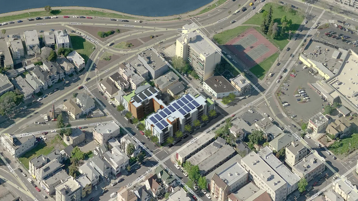 Rendered aerial view of Lakeside Senior Housing in Oakland, Ca.