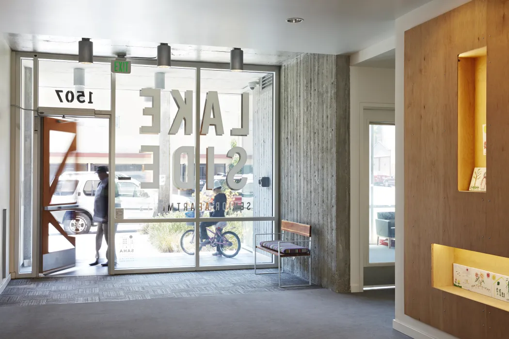 Entrance lobby inside Lakeside Senior Housing in Oakland, Ca.