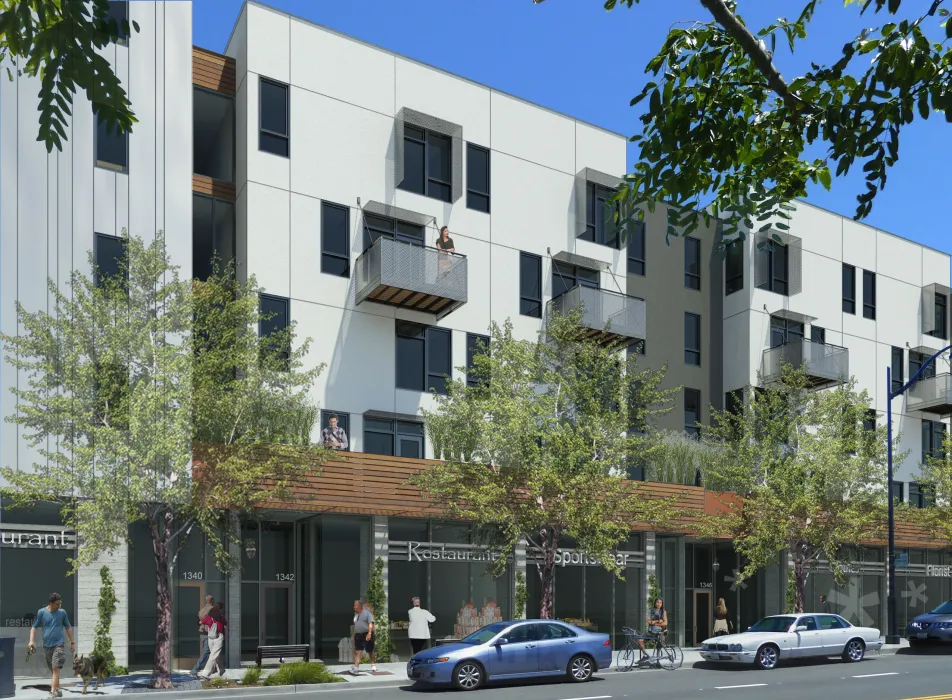 Rendered street view of Five88 in San Francisco.