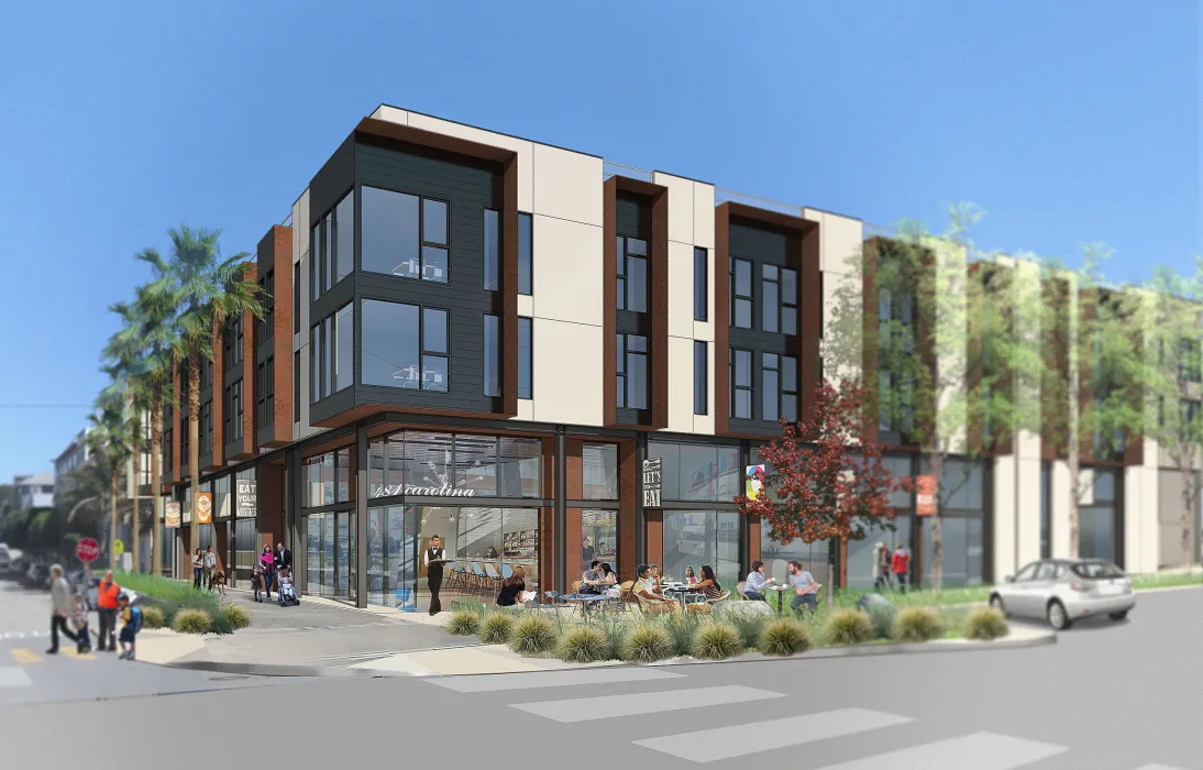 Rendering exterior of retail spaces at Mason on Mariposa in San Francisco.