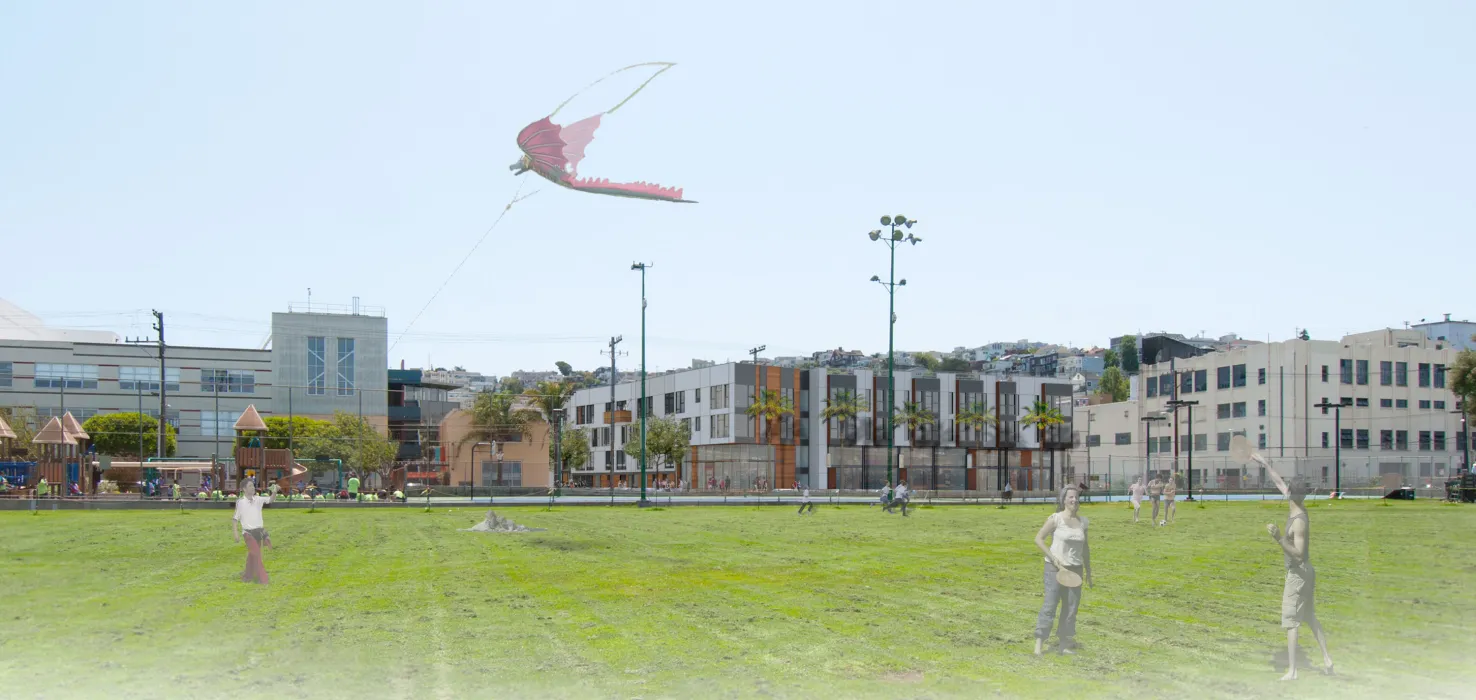Rendered view of jackson playground with Mason on Mariposa in San Francisco in the background.