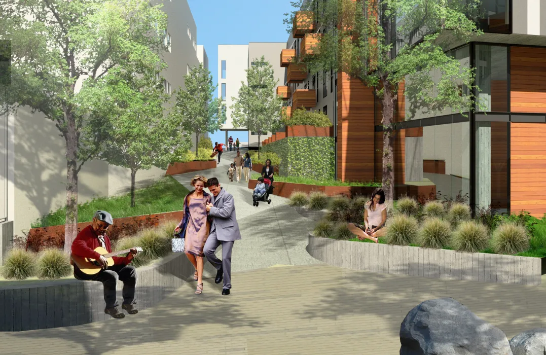 Rendering of the pedestrian greenway at Mason on Mariposa in San Francisco.