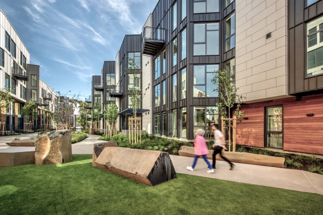 View of the mews and pedestrian greenway at Mason on Mariposa in San Francisco.