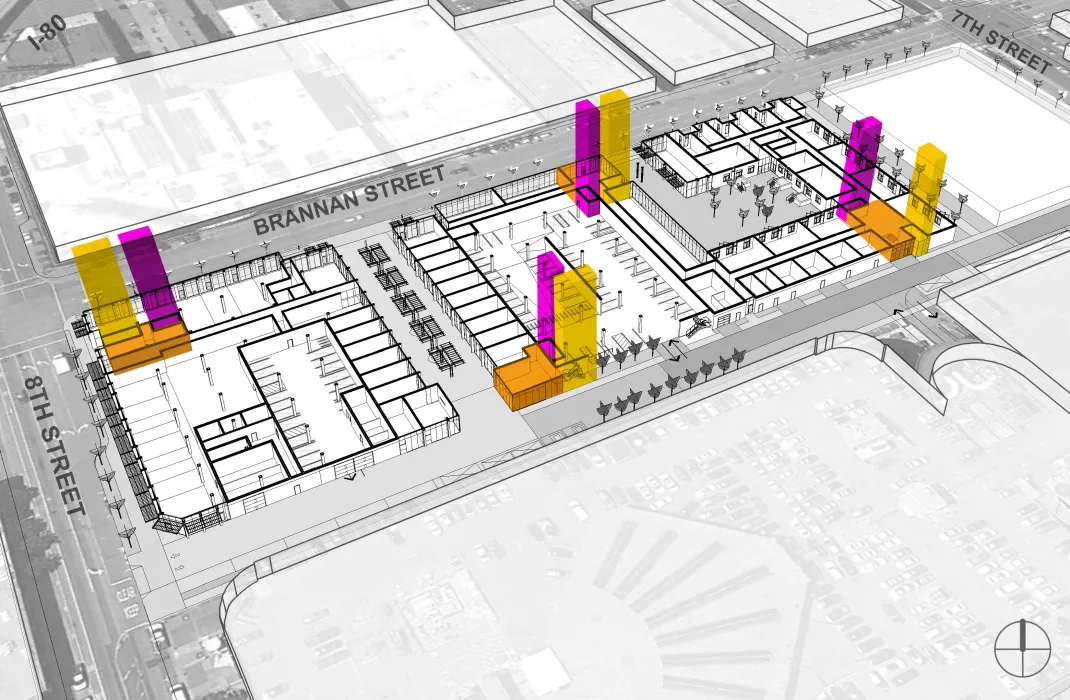 Lobbies and verticals aerial diagram for 855 Brannan in San Francisco.