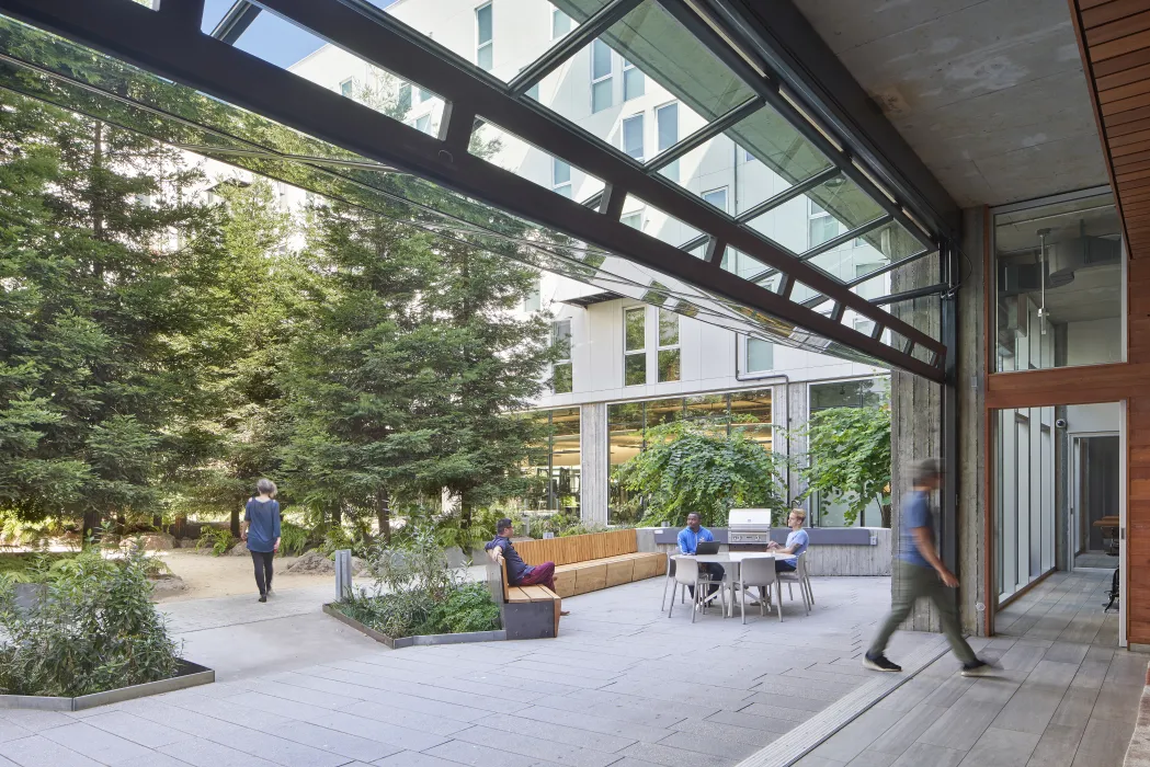 Looking out to the public open space from the town hall space in 855 Brannan in San Francisco.