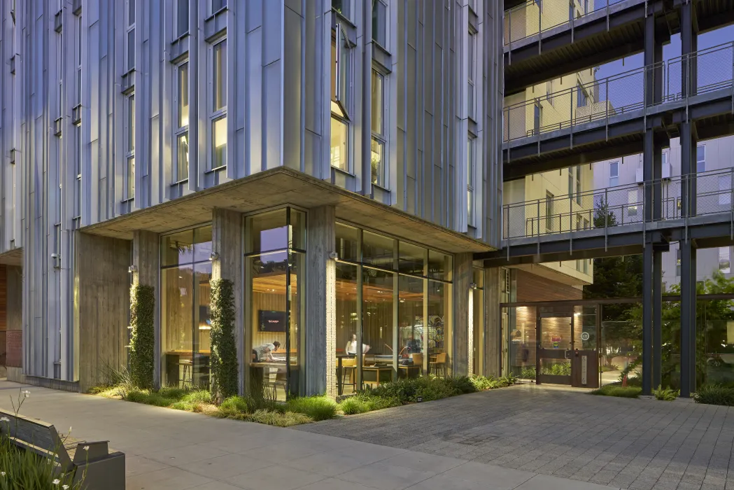 Entrance to public open space at dusk at 855 Brannan in San Francisco. 