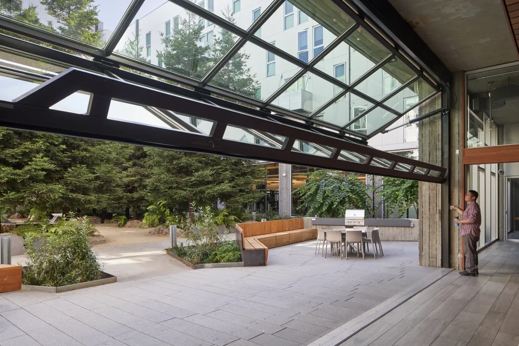 Looking out to the public open space from the town hall space in 855 Brannan in San Francisco.