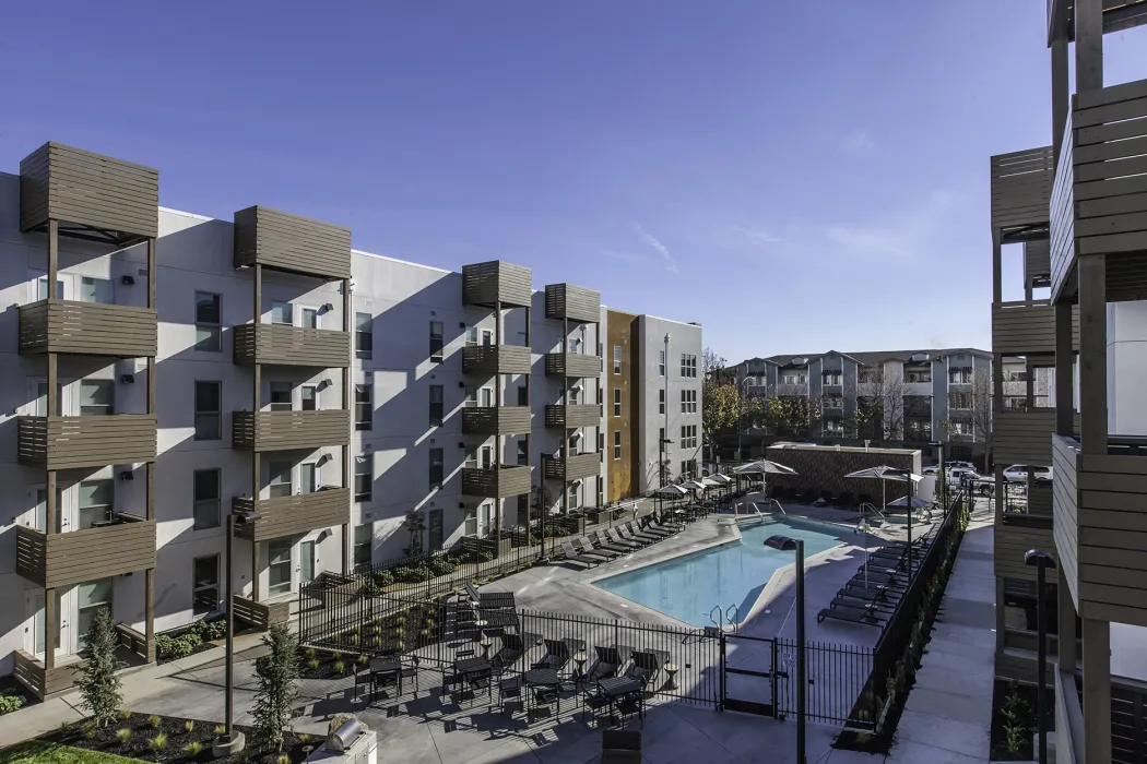 Courtyard and pool for Foundry Commons in San Jose, Ca. 