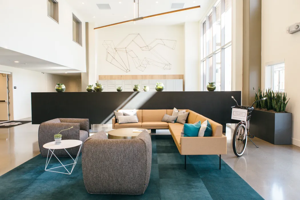 Couches in the leasing lounge of Foundry Commons in San Jose, Ca.