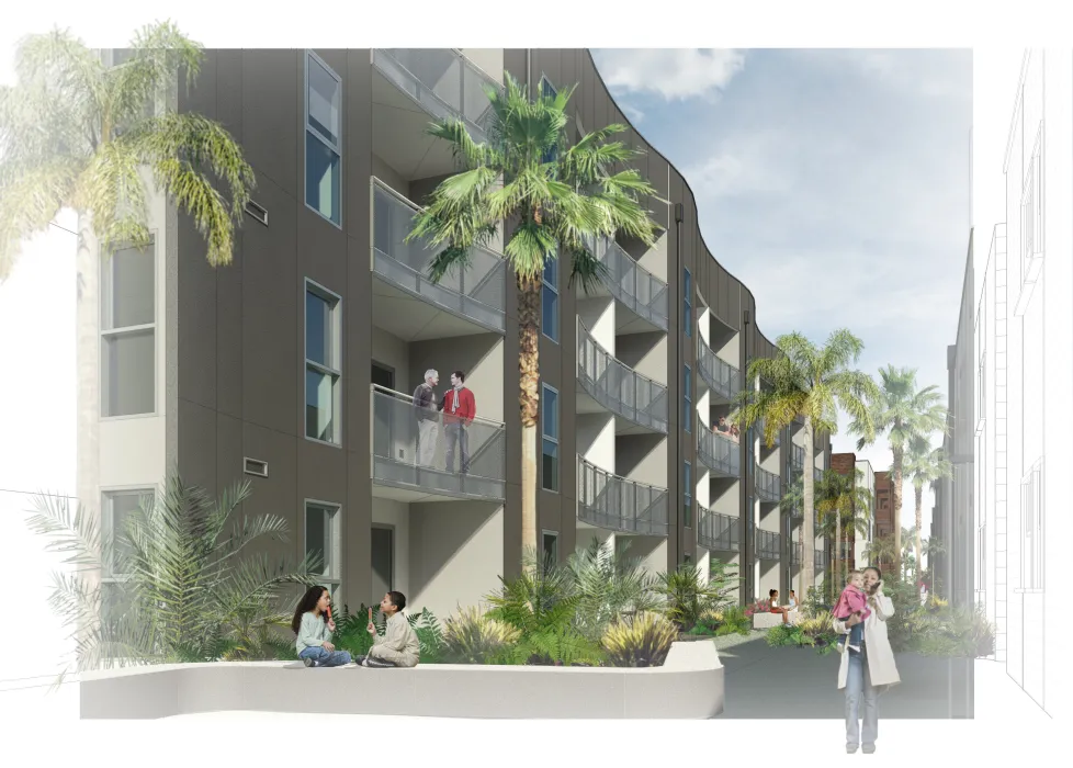 Rendering of pedestrian mews at Foundry Commons in San Jose, Ca. 