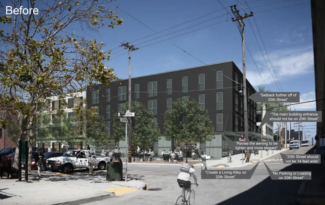 Exterior corner rendering of 789 Minnesota in San Francisco.