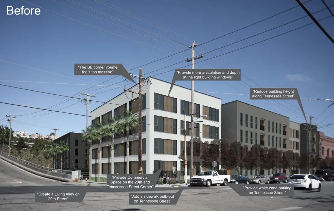 Exterior rendering of the corner of 789 Minnesota in San Francisco.