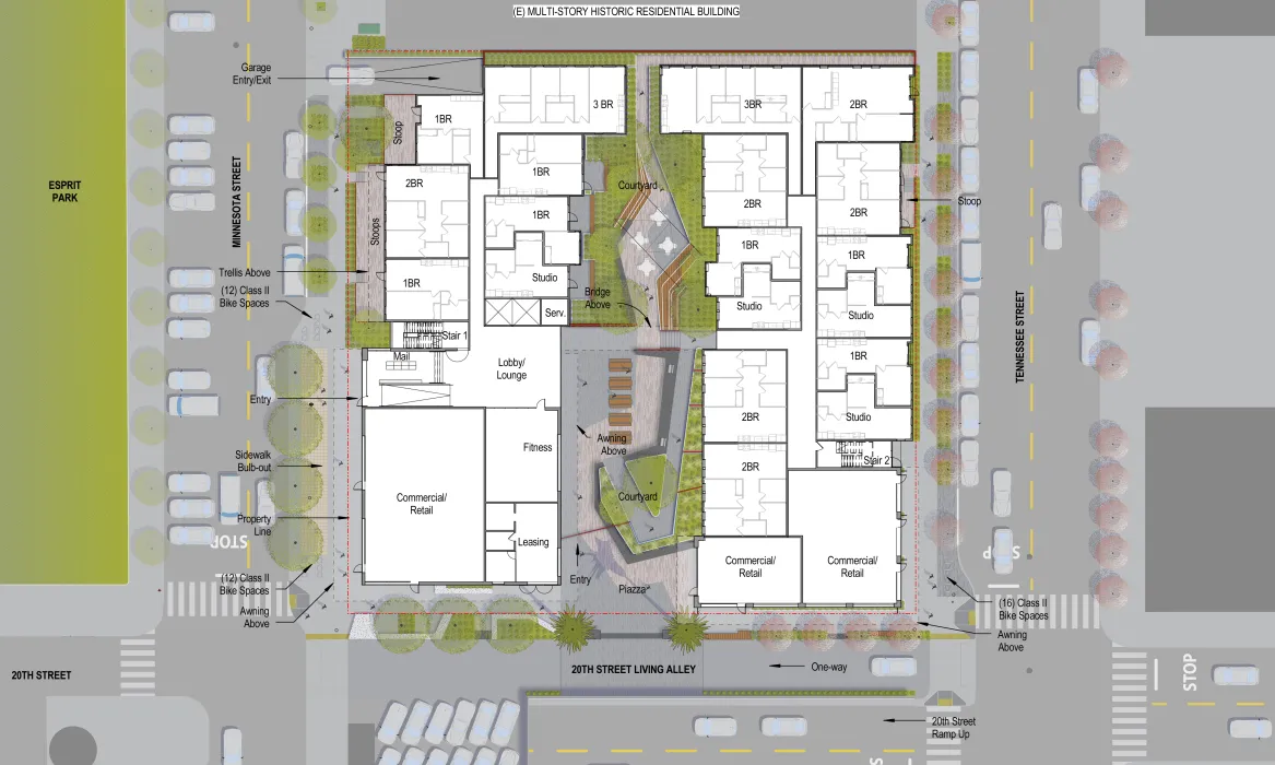 Level one site plan for 789 Minnesota in San Francisco.
