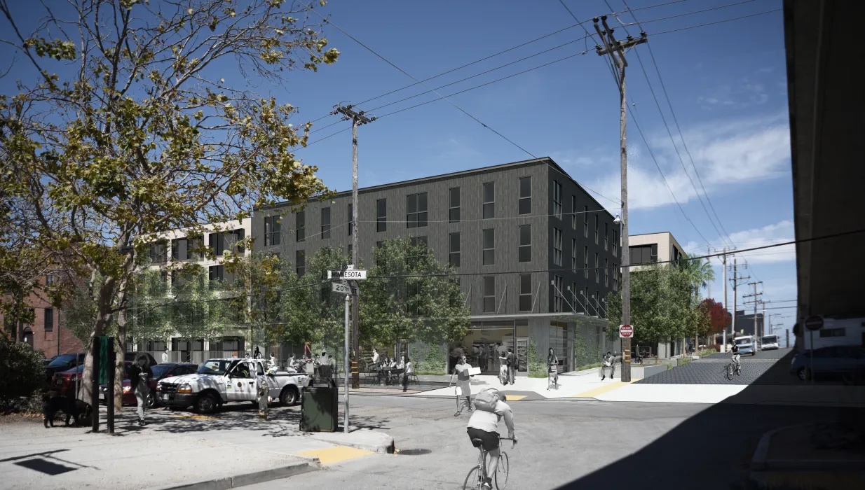 Exterior corner rendering of 789 Minnesota in San Francisco.