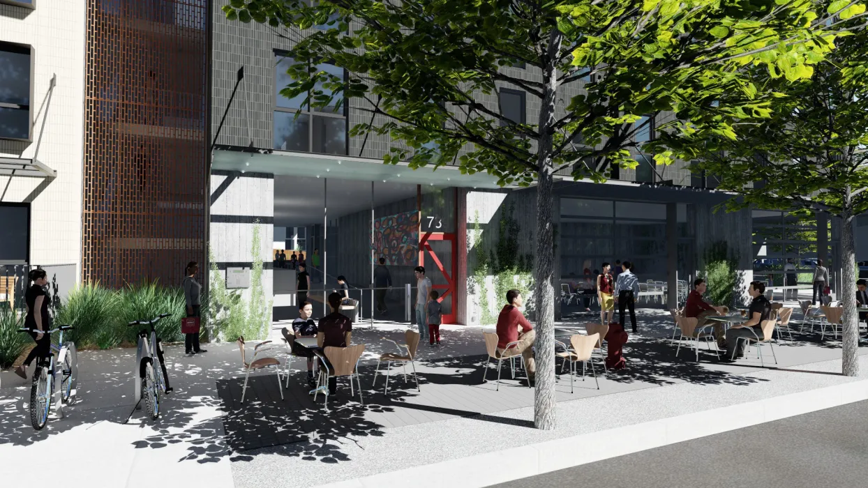 Rendering of the entry to 789 Minnesota in San Francisco, surrounded by public seating. 