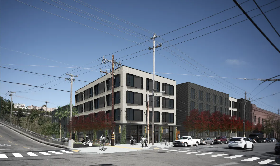 Exterior rendering of the corner of 789 Minnesota in San Francisco.