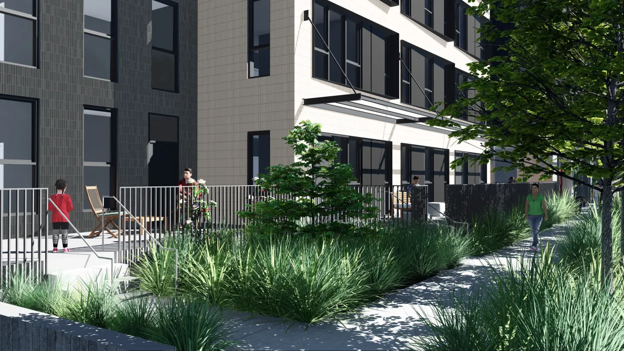 Rendering of the ground floor units and stoops for 789 Minnesota in San Francisco.