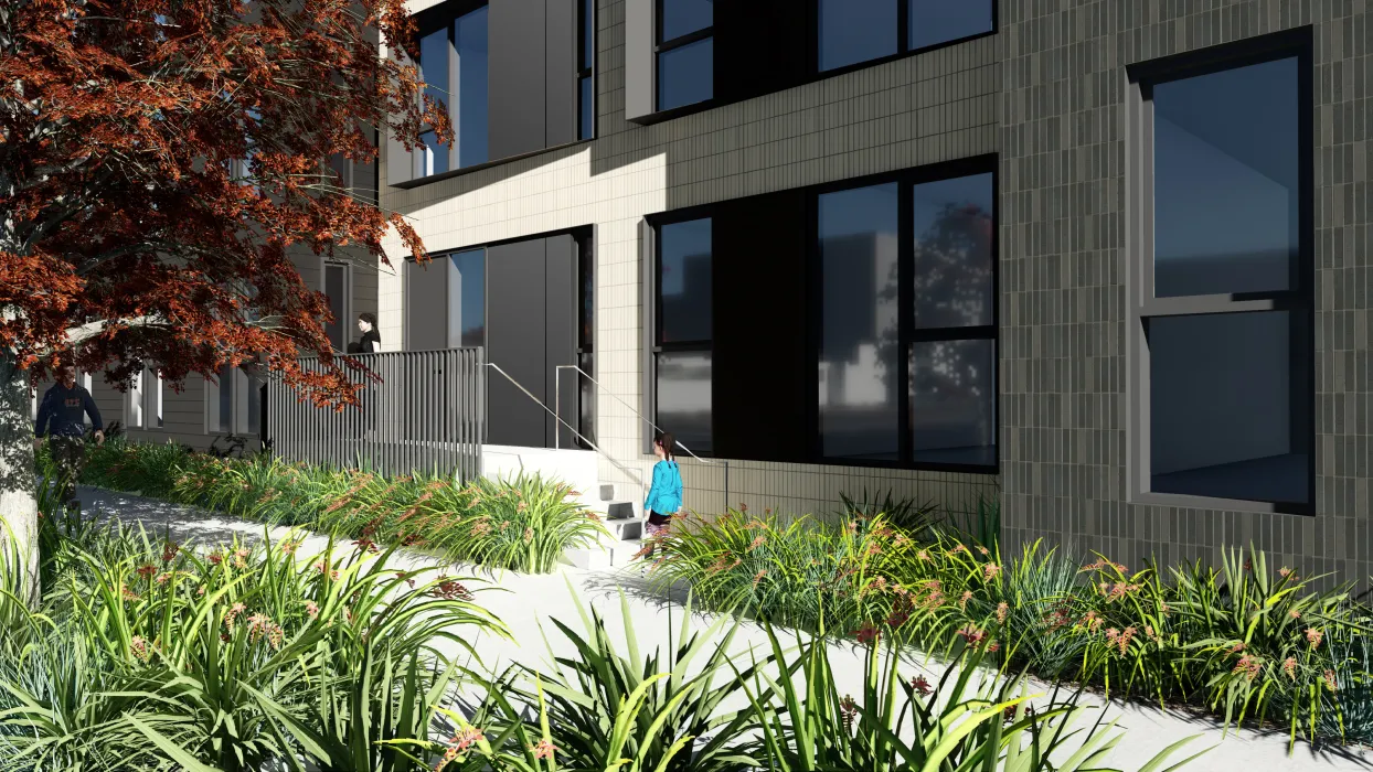 Detail rendering of a ground floor unit stoop for 789 Minnesota in San Francisco.