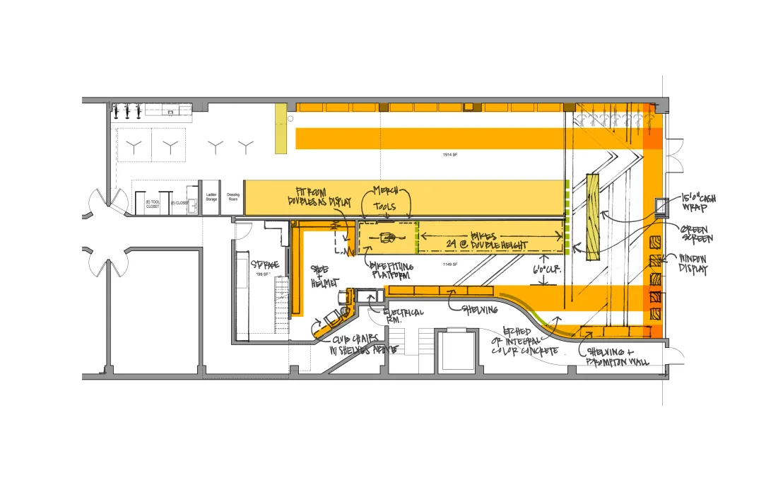 Sketch floor plan for Huckleberry Bicycles in San Francisco.