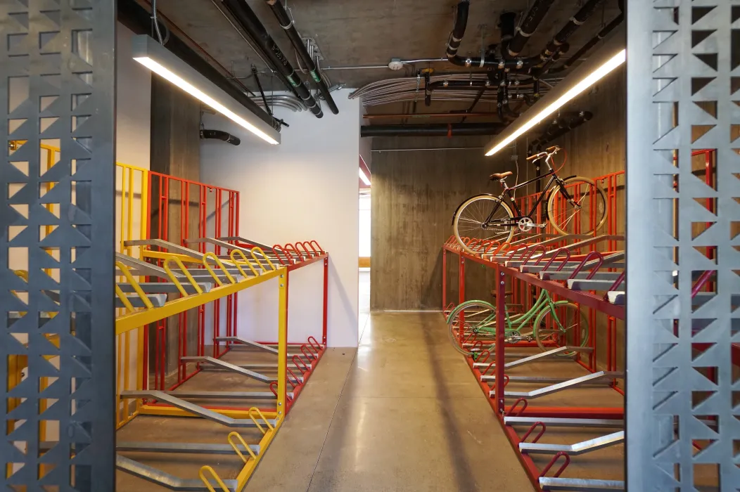 Interior view of bike room at 388 Fulton in San Francisco, CA.