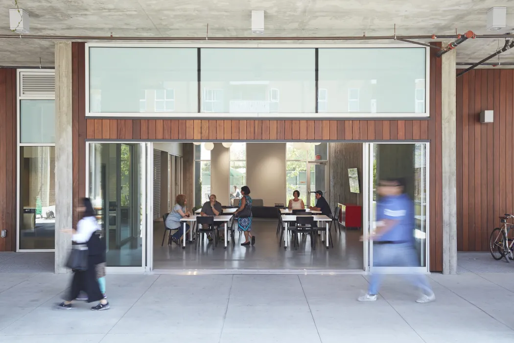 Looking into the community room Mayfield Place in Palo Alto, Ca.