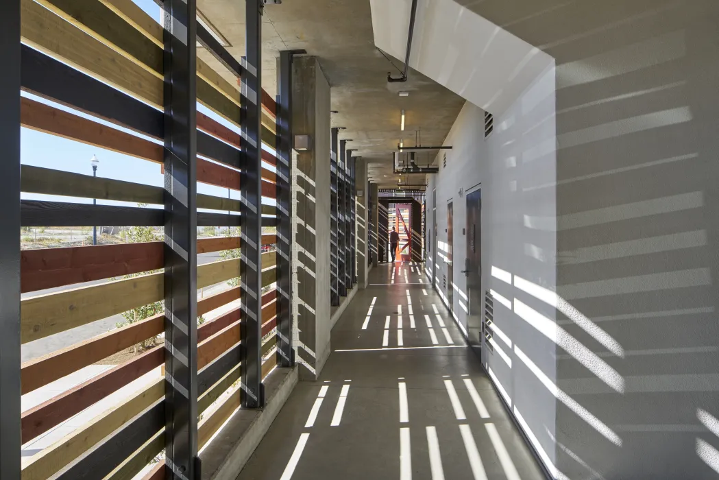 Open-air hallway at Pacific Pointe Apartments in San Francisco, CA.