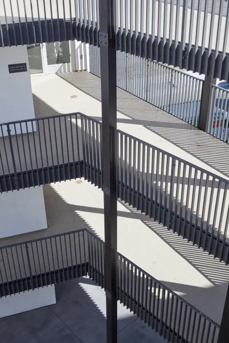 Open-air bridges of Pacific Pointe Apartments in San Francisco, CA.