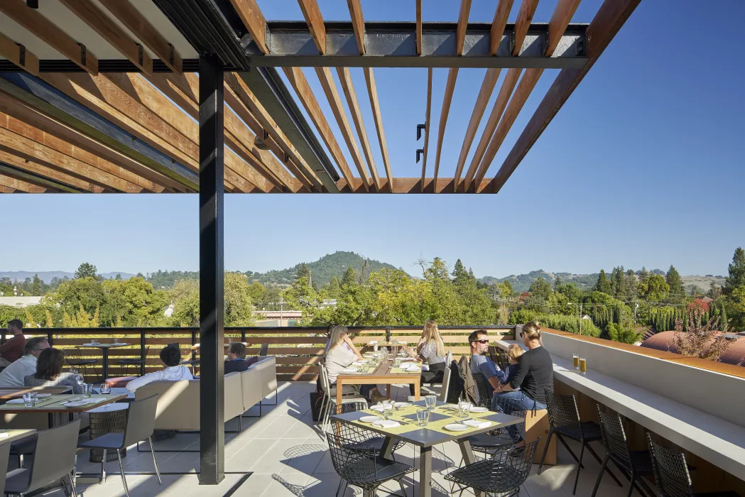 Rooftop terrace at Harmon Guest House over looking Healdsburg mountains.