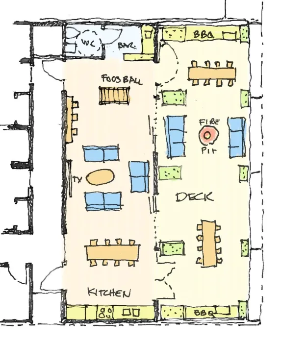 Sketch of community room at OME in San Francisco, CA.