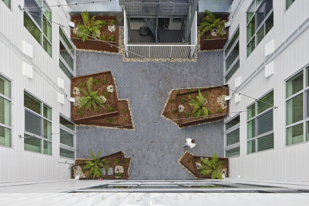 Aerial view of the courtyard inside Ome in San Francisco.