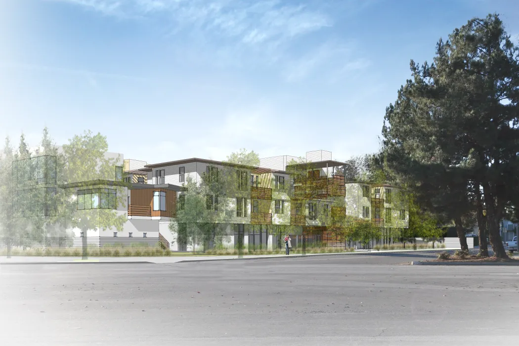 Rendering of exterior view of Onizuka Crossing Family Housing in Sunnyvale, California.