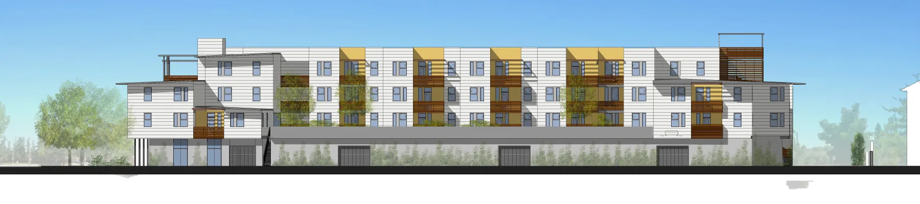 Elevation of Onizuka Crossing Family Housing in Sunnyvale, California.