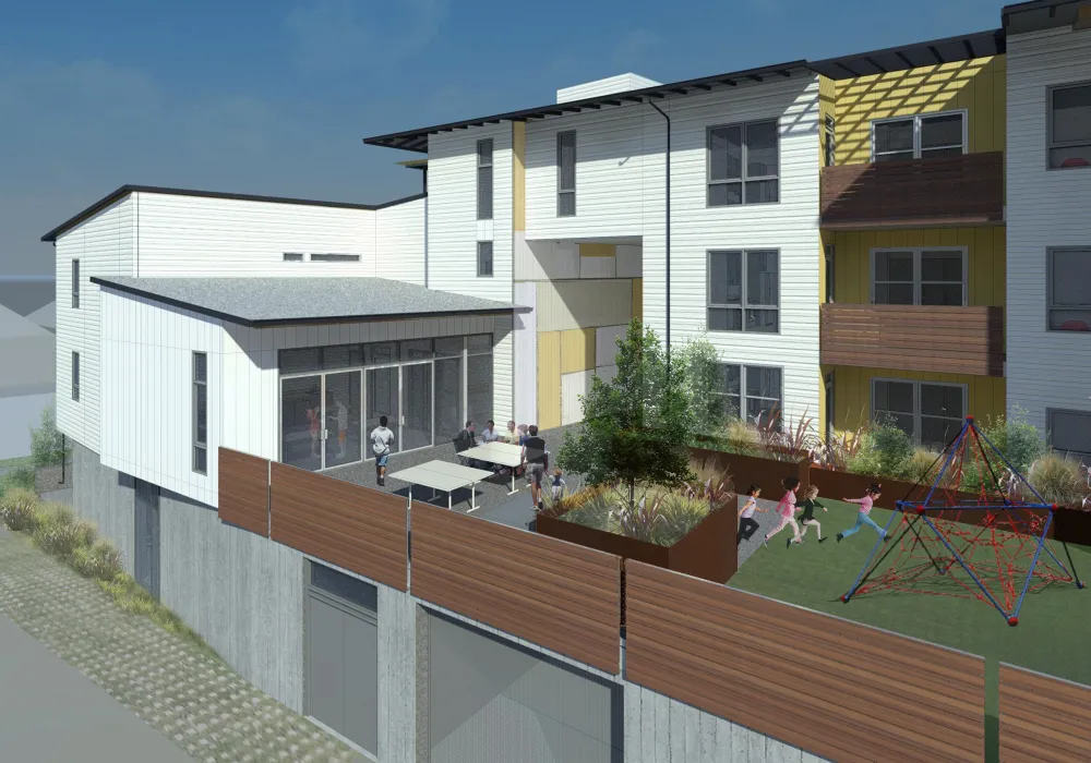 Rendering of exterior view of Onizuka Crossing Family Housing in Sunnyvale, California.