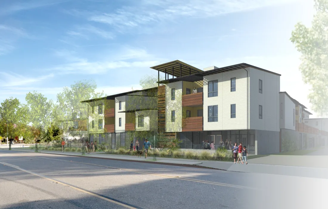 Rendering of exterior view of Onizuka Crossing Family Housing in Sunnyvale, California.