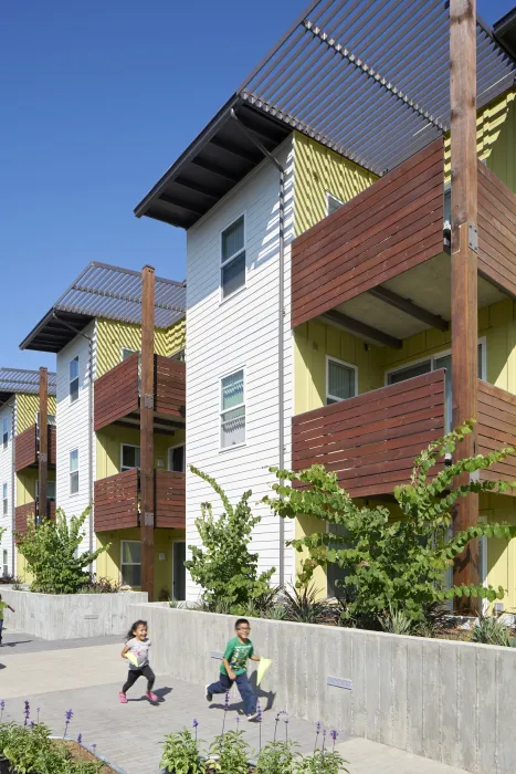 Exterior view of Onizuka Crossing Family Housing in Sunnyvale, California.