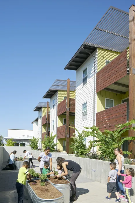 Exterior view of Onizuka Crossing Family Housing in Sunnyvale, California.