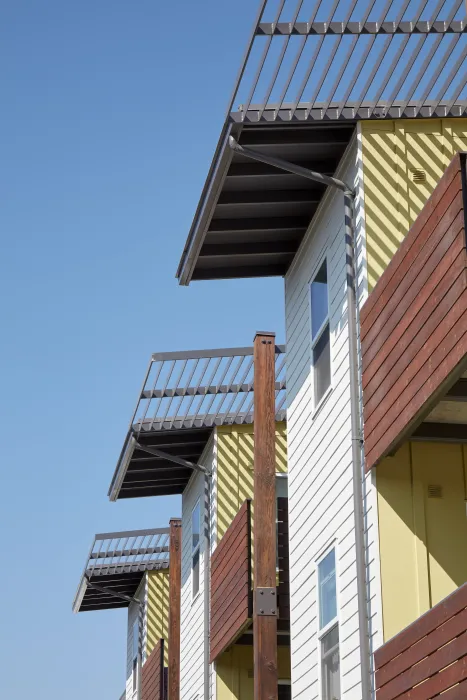 Detail view of exterior at Onizuka Crossing Family Housing in Sunnyvale, California.