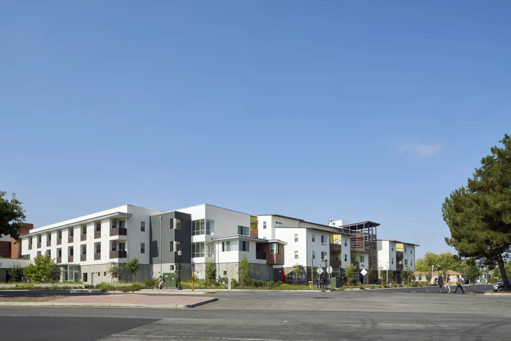 Exterior view of Onizuka Crossing Family Housing in Sunnyvale, California.